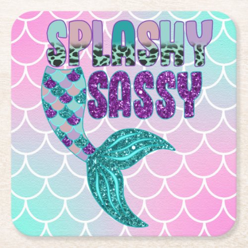 Girly Splashy Sassy Pink Purple Green Mermaid Tail Square Paper Coaster