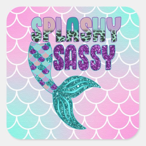 Girly Splashy Sassy Pink Purple Green Mermaid Tail Square Sticker