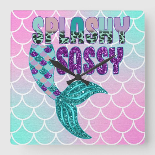 Girly Splashy Sassy Pink Purple Green Mermaid Tail Square Wall Clock