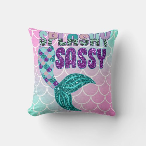 Girly Splashy Sassy Pink Purple Green Mermaid Tail Throw Pillow