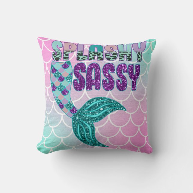 Girly Splashy Sassy Pink Purple Green Mermaid Tail Throw Pillow (Front)