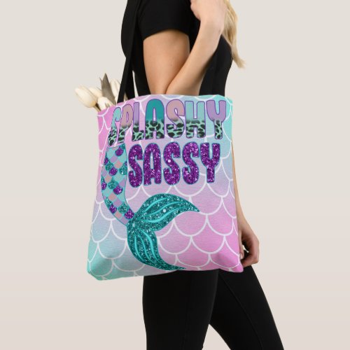 Girly Splashy Sassy Pink Purple Green Mermaid Tail Tote Bag