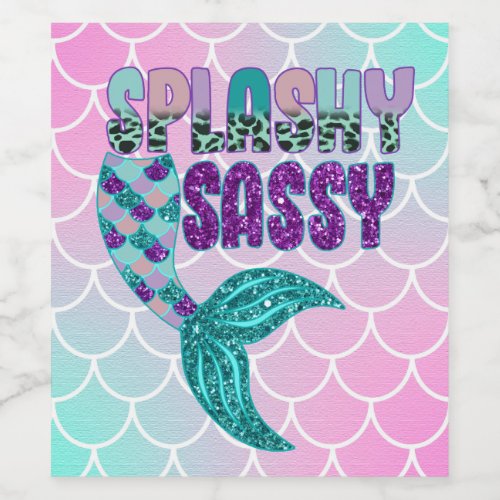 Girly Splashy Sassy Pink Purple Green Mermaid Tail Wine Label