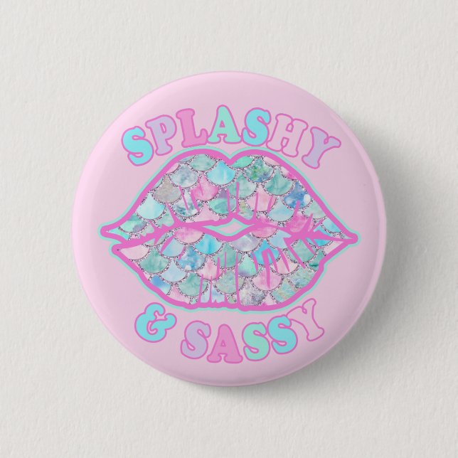 Girly Splashy & Sassy Pink Turquoise Mermaid Kiss Button (Front)