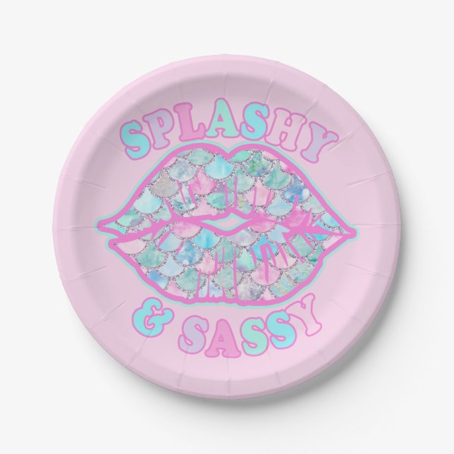 Girly Splashy & Sassy Pink Turquoise Mermaid Kiss Paper Plates (Front)