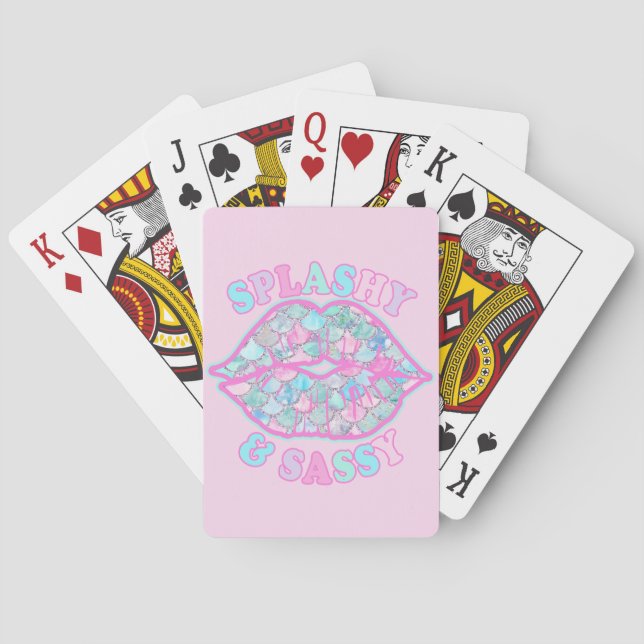Girly Splashy & Sassy Pink Turquoise Mermaid Kiss Poker Cards (Back)