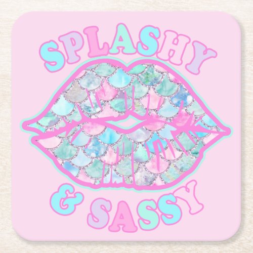 Girly Splashy  Sassy Pink Turquoise Mermaid Kiss Square Paper Coaster