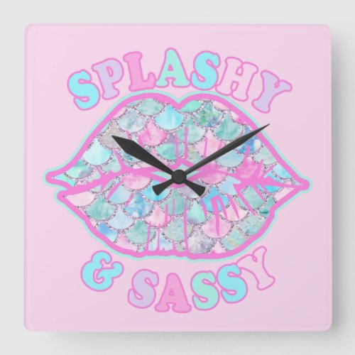 Girly Splashy  Sassy Pink Turquoise Mermaid Kiss Square Wall Clock