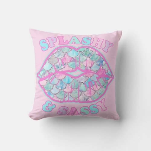 Girly Splashy  Sassy Pink Turquoise Mermaid Kiss Throw Pillow
