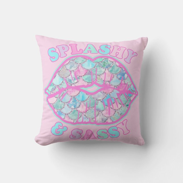 Girly Splashy & Sassy Pink Turquoise Mermaid Kiss Throw Pillow (Front)