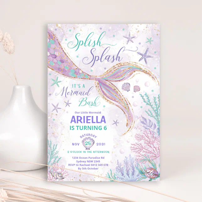 Girly Splish Splash Mermaid Birthday Bash Party Invitation Zazzle