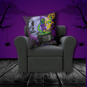 Girly Spooky Green Witch Cauldron Magic Blue Moon Throw Pillow
