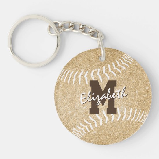 girly sports gold monogrammed softball bag tag keychain