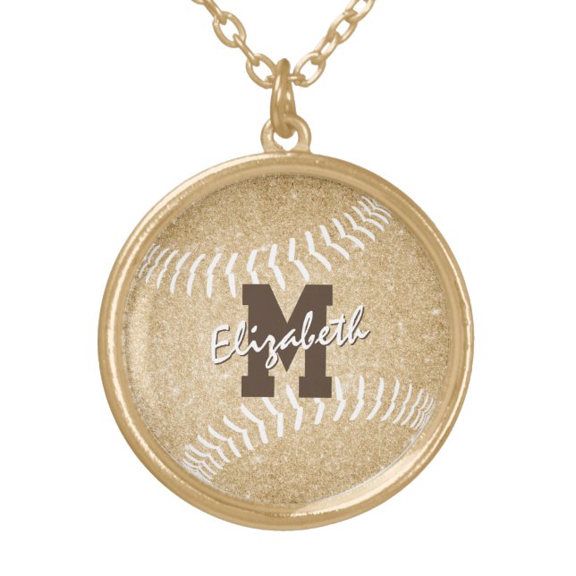 girly sports gold monogrammed softball plated necklace (Front)