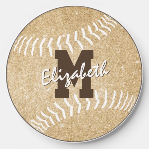 girly sports gold monogrammed softball wireless charger 