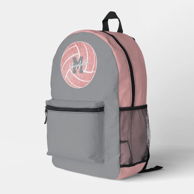 girly sports gray pink monogrammed volleyball printed backpack (Back Corner Right)
