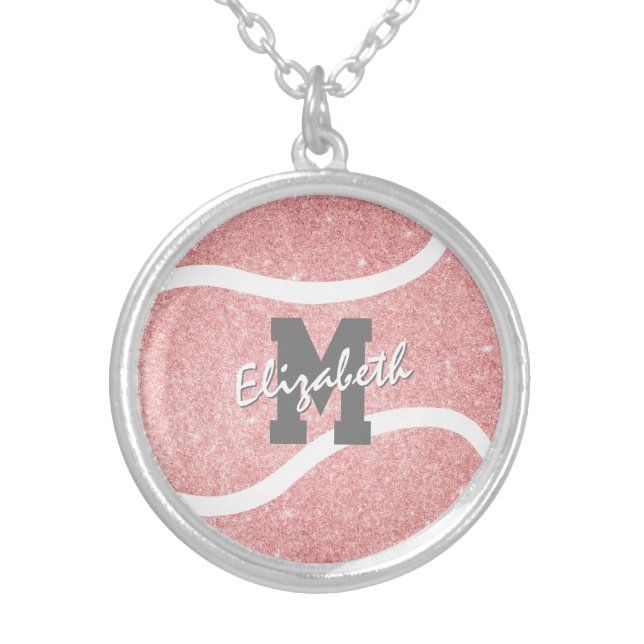 girly sports pink monogrammed tennis silver plated necklace (Front)