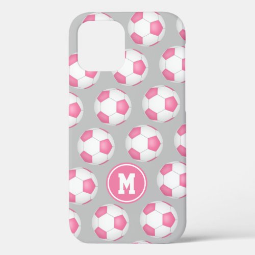 Girly sports pink white soccer balls pattern iPhone 12 case