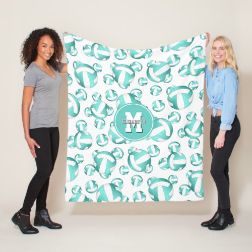 girly sports turquoise white volleyballs pattern fleece blanket