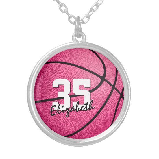 girly sporty cute pink basketball silver plated necklace
