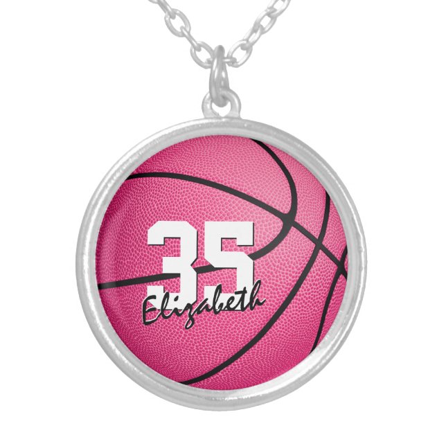 girly sporty cute pink basketball silver plated necklace (Front)