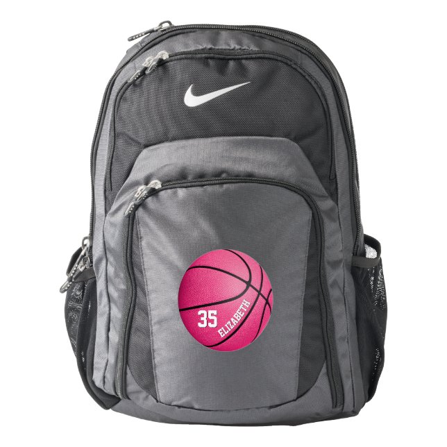 girly sporty hot pink basketball personalized backpack (Front)