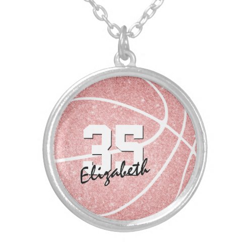girly sporty pink personalized basketball silver plated necklace