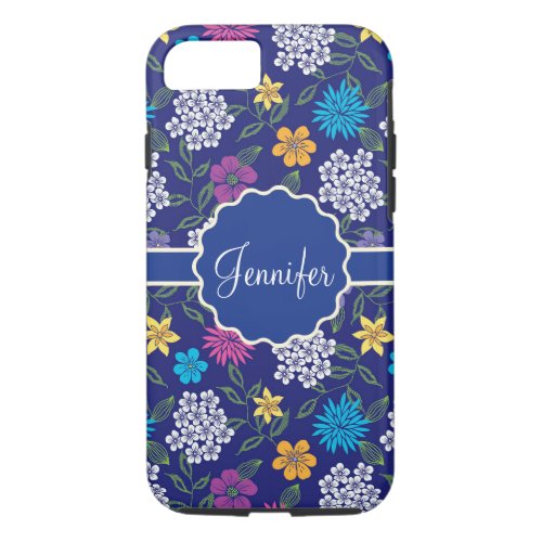 Girly Spring and Summer Wild Flowers on blue name iPhone 87 Case
