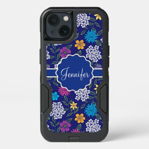 Girly Spring and Summer Wild Flowers on blue name iPhone 13 Case