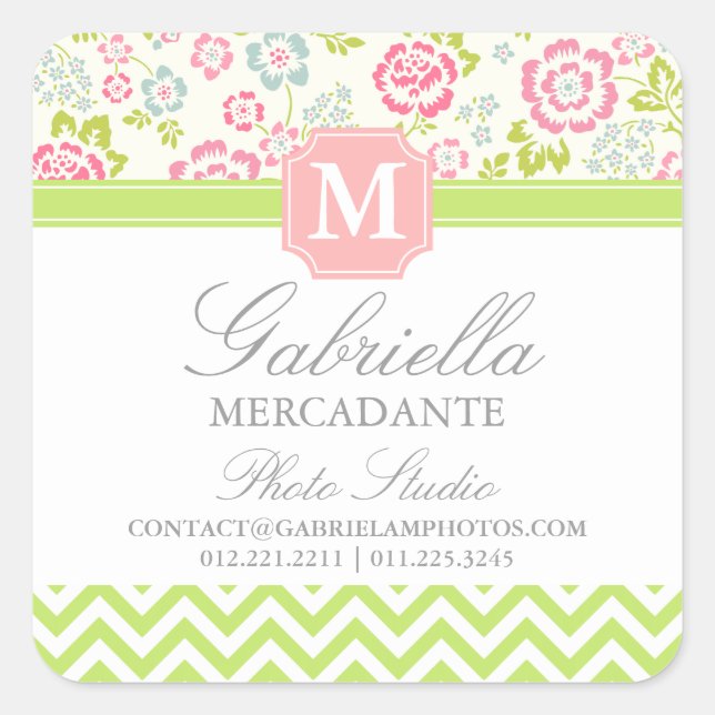 Girly Spring Floral Chevron Personalized Monogram Square Sticker (Front)