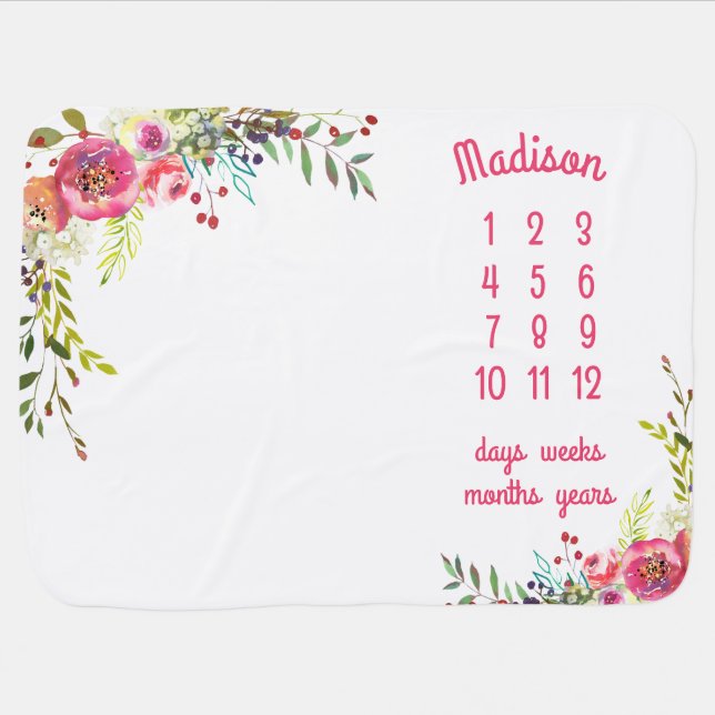 Girly Spring Peach Pink Floral Milestone Baby Blanket (Horizontal)