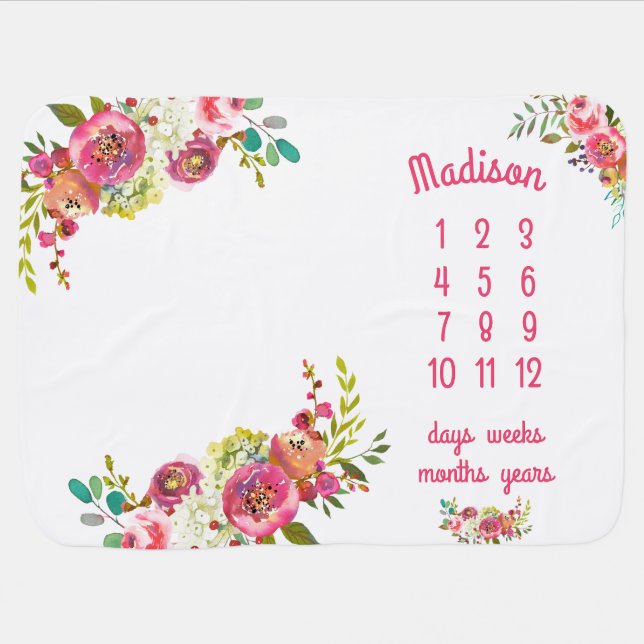 Girly Spring Peach Pink Floral Milestone Baby Blanket (Horizontal)