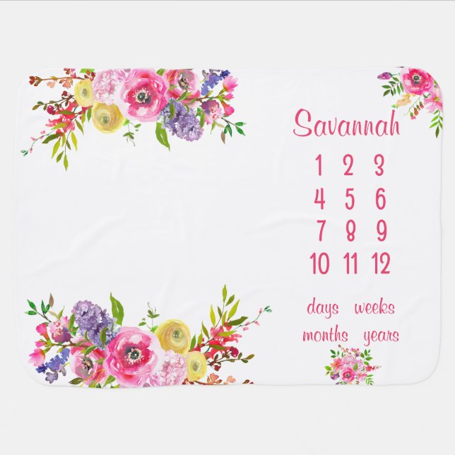 Girly Spring Pink Red Floral Milestone Baby Blanket (Horizontal)