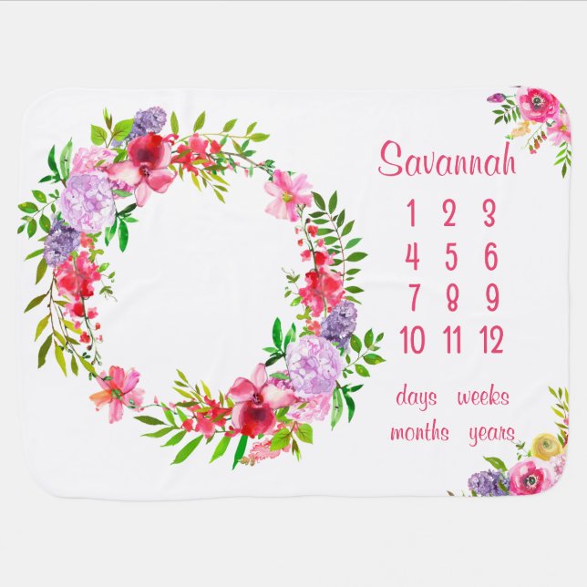 Girly Spring Pink Red Floral Milestone Baby Blanket (Horizontal)