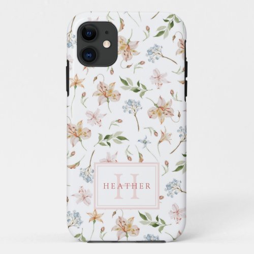 Girly Spring Watercolor Floral Pattern Monogrammed iPhone 11 Case