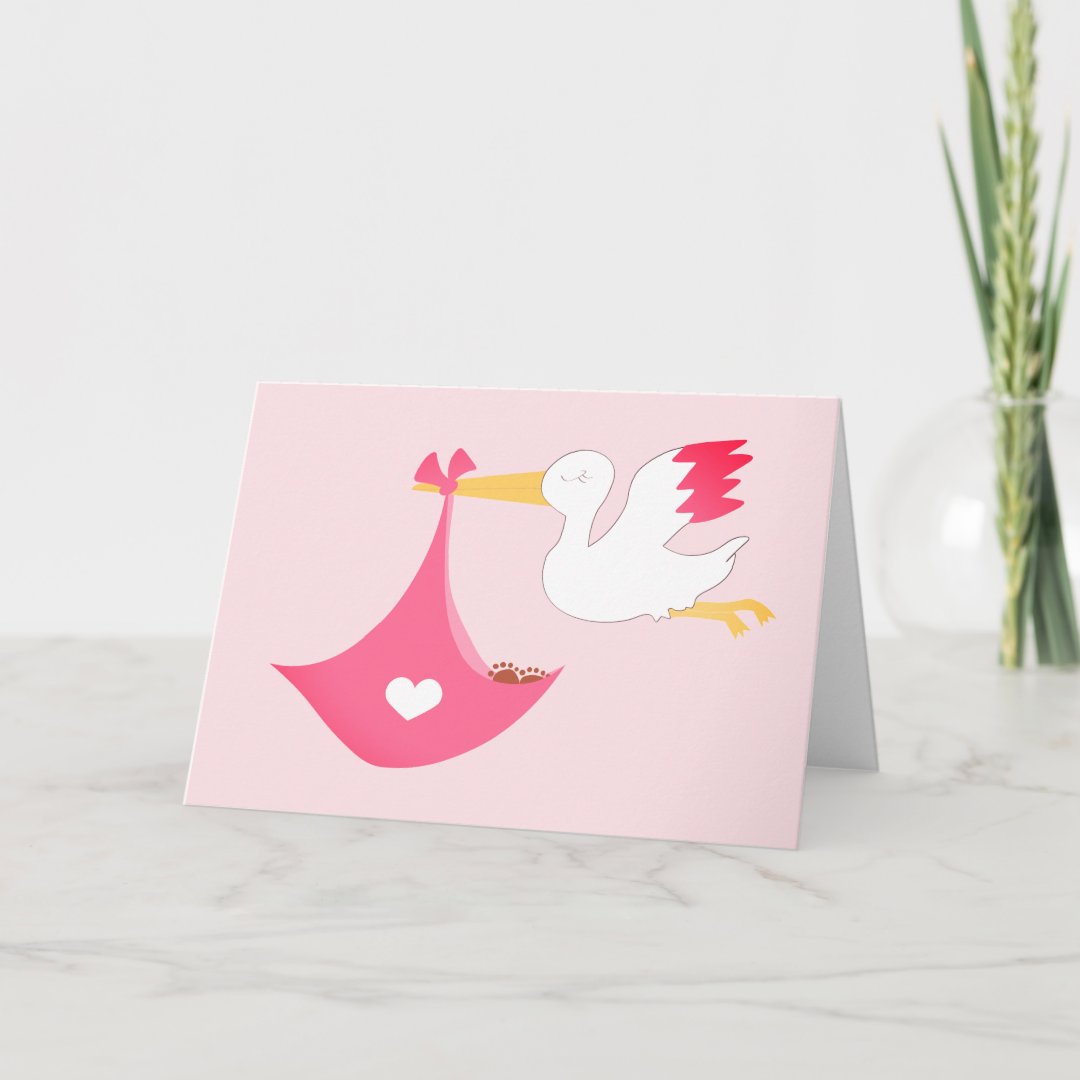 Girly Stork With A Baby Girl Bundle Of Joy Pink Card | Zazzle