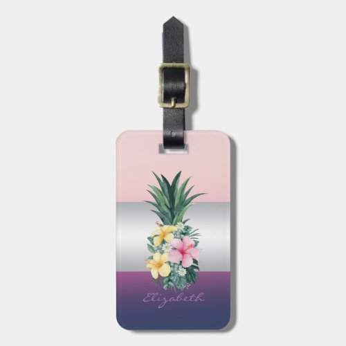 Girly Stripe Pineapple Tropical Flowers Luggage Tag