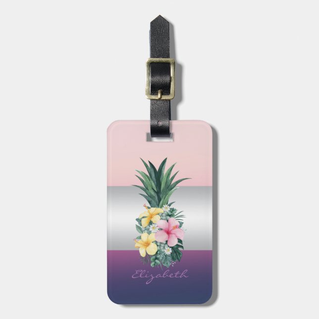 Girly Stripe, Pineapple Tropical Flowers Luggage Tag (Front Vertical)