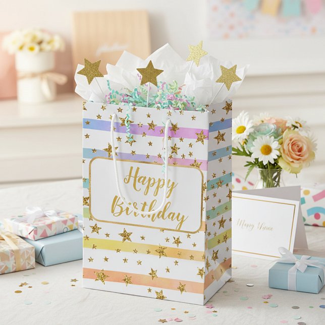 Girly stripes and stars  personalized birthday medium gift bag (Creator Uploaded)