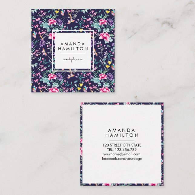 Girly Stylish Fashion Blue Flowers and Butterfly Square Business Card (Front/Back)