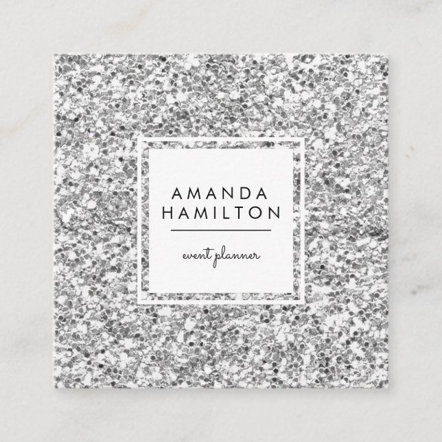 Girly Stylish Fashion SILVER Glitter white square Square Business Card (Front)