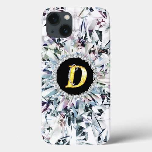 Girly Stylish faux Crystal Gold Bling letter D iPhone 13 Case