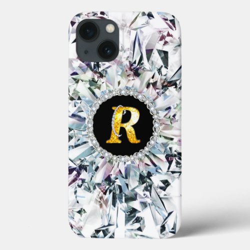 Girly Stylish faux Crystal Gold Bling letter R iPhone 13 Case