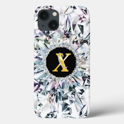Girly Stylish faux Crystal Gold Bling letter X iPhone 13 Case