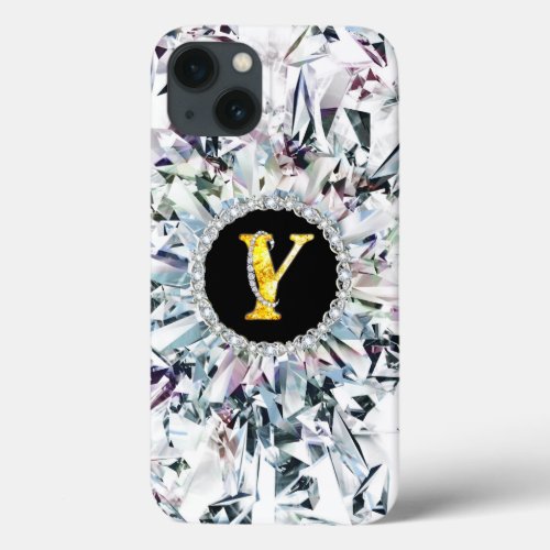 Girly Stylish faux Crystal Gold Bling letter Y iPhone 13 Case