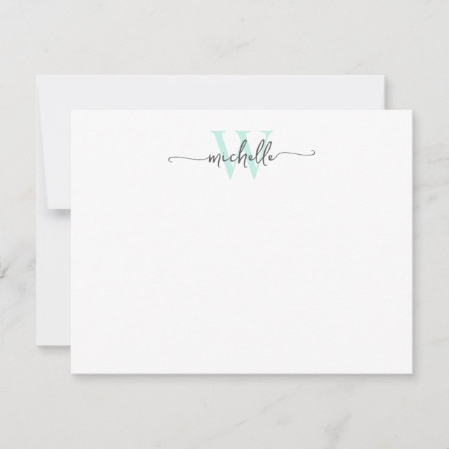 Girly Stylish Gray Aqua Monogram Name Script Note Card (Front)