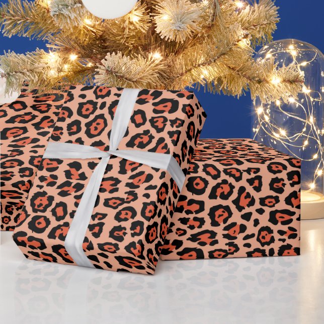 Girly stylish leopard animal print pattern orange wrapping paper (Holidays)