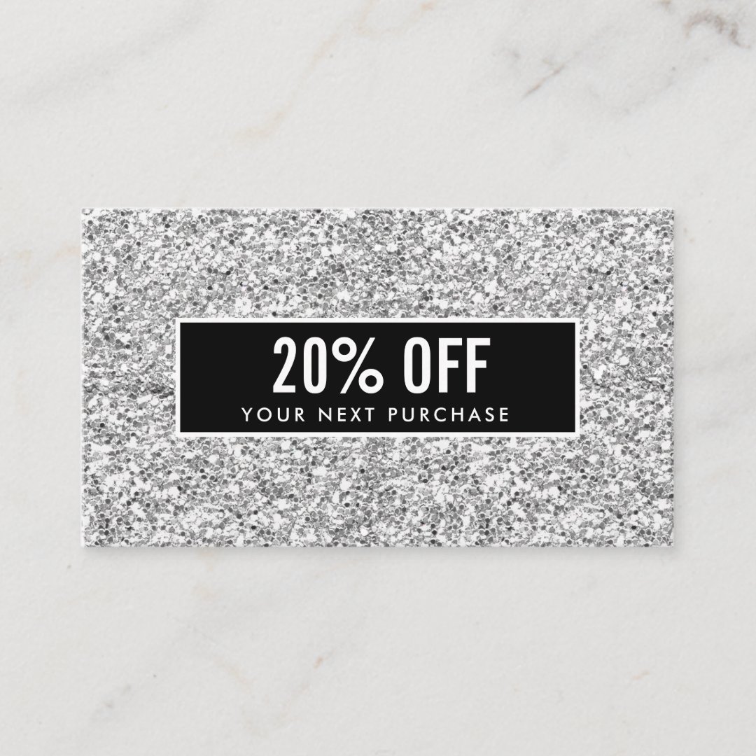 Girly Stylish Silver Glitter Black Coupon Card Zazzle