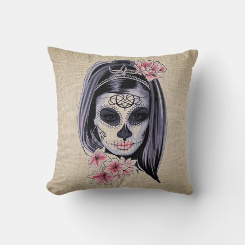Girly Sugar Skull Floral Da de Muertos Burlap Throw Pillow
