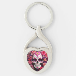 Girly Sugar Skull Metal Keychain